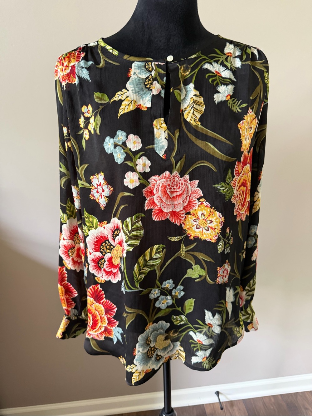 LOFT Black Floral Long-Sleeve Blouse
